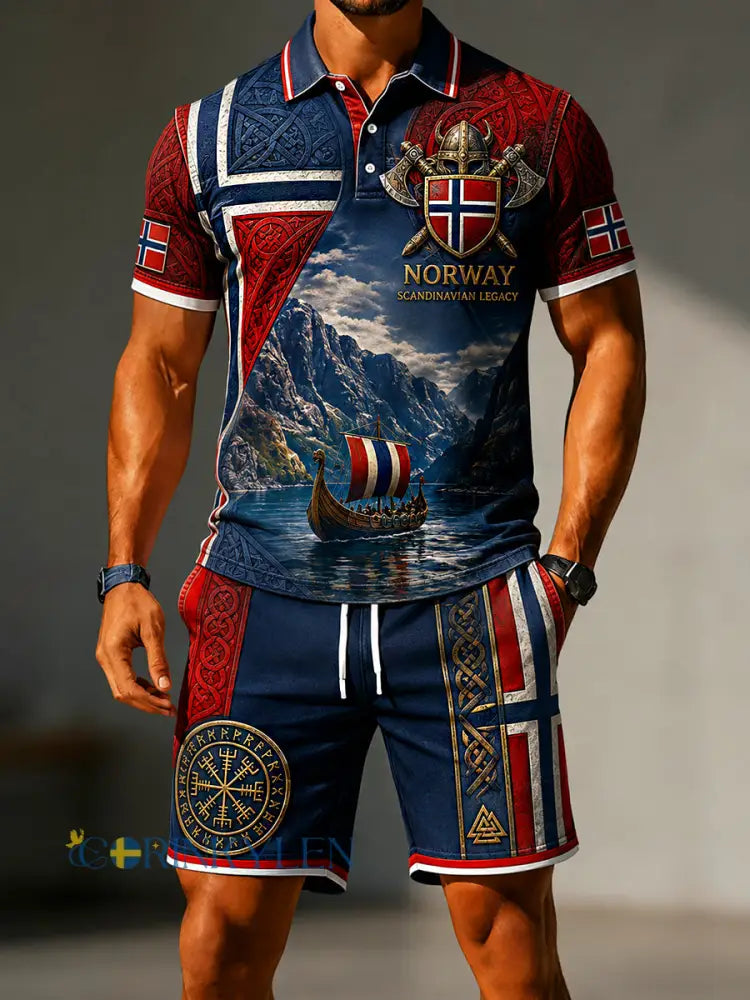 Herrset i retro-nordisk stil bestående av två delar: Casual polotröja och shorts med norsk konstprint - A / S