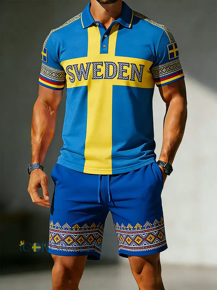 Herrset med kortärmad polo och shorts med brodyr och kontrastdetaljer - A / S