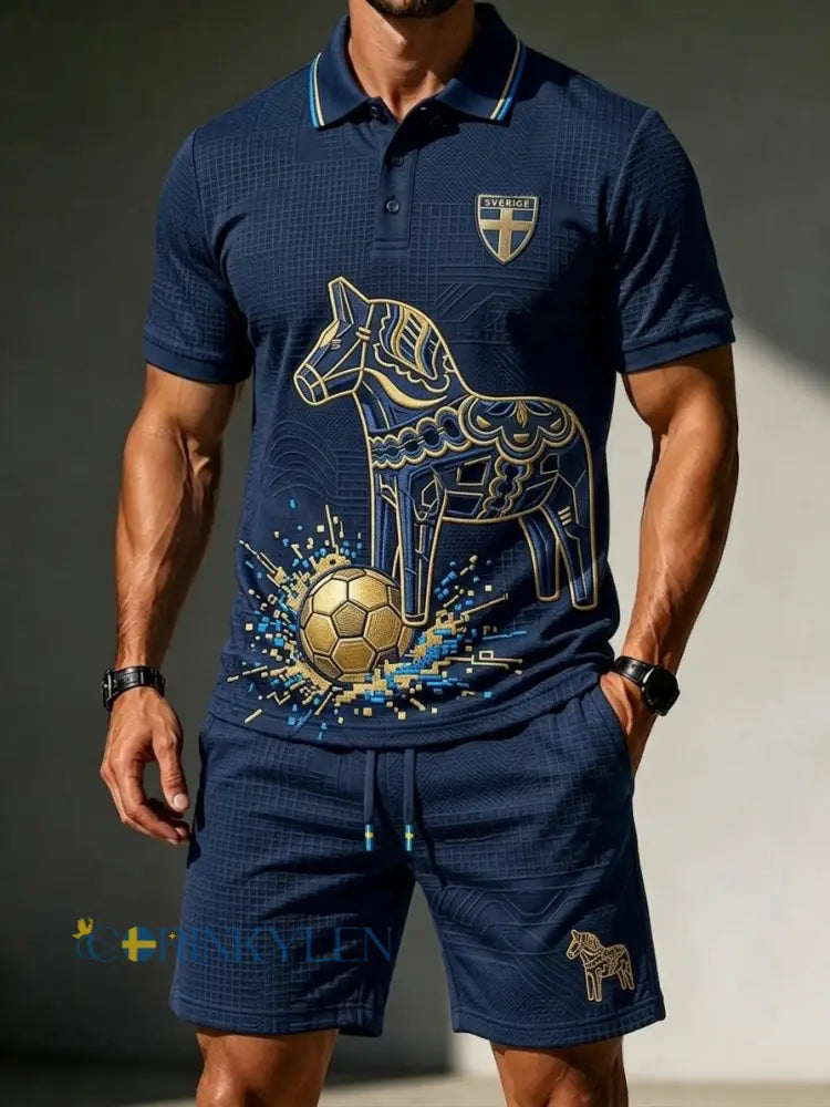 Herrset med retrostil: svensk fotbollsentusiast 2026 – tryckt polo och shorts för vardagsbruk - blå / S