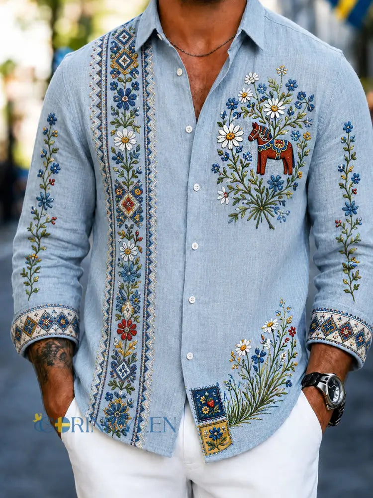 Herrskjorta i retrostil med svensk broderad blommönster midsommarart-print och avslappnad stil i bomull-linne - A / S