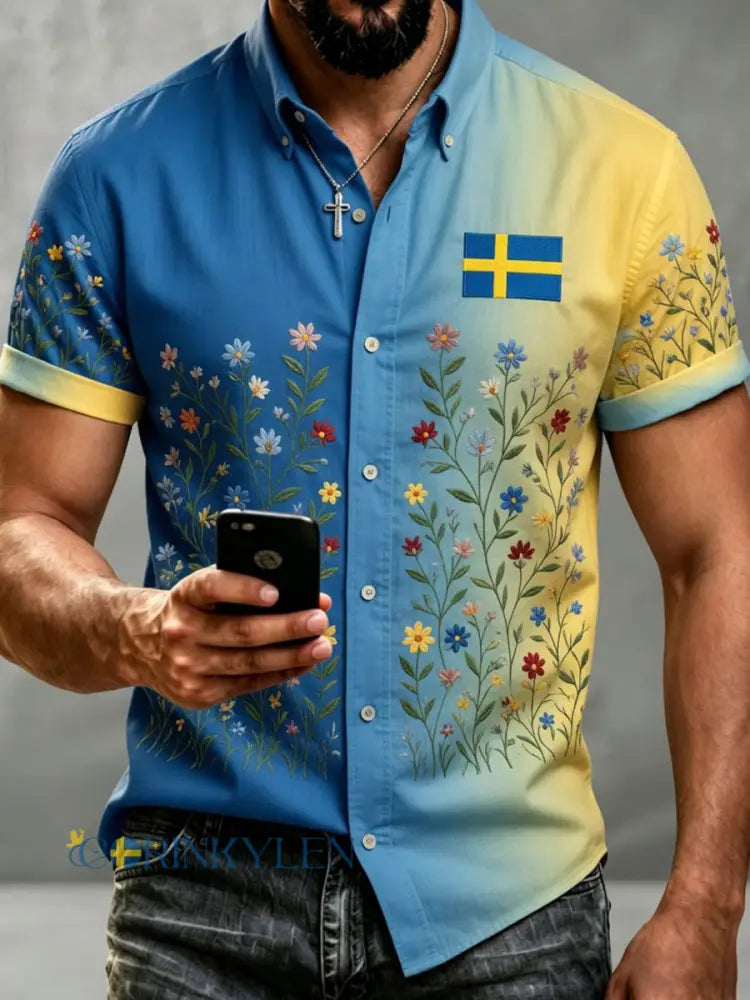 Herrskjorta i retrostil med svensk dalahäst och broderad blomsterkonst avslappnad stil - A / S