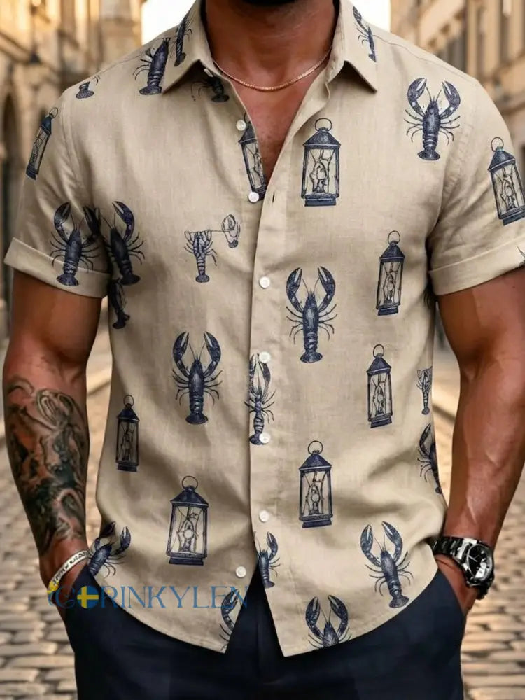 Herrskjorta i retrostil med svensk hummerfestivalmönster kortärmad i bomull-linne - Khaki / S