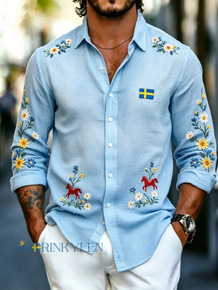 Herrskjorta i våffelstickat med långa ärmar och blommönster samt gunghästtryck - A / S