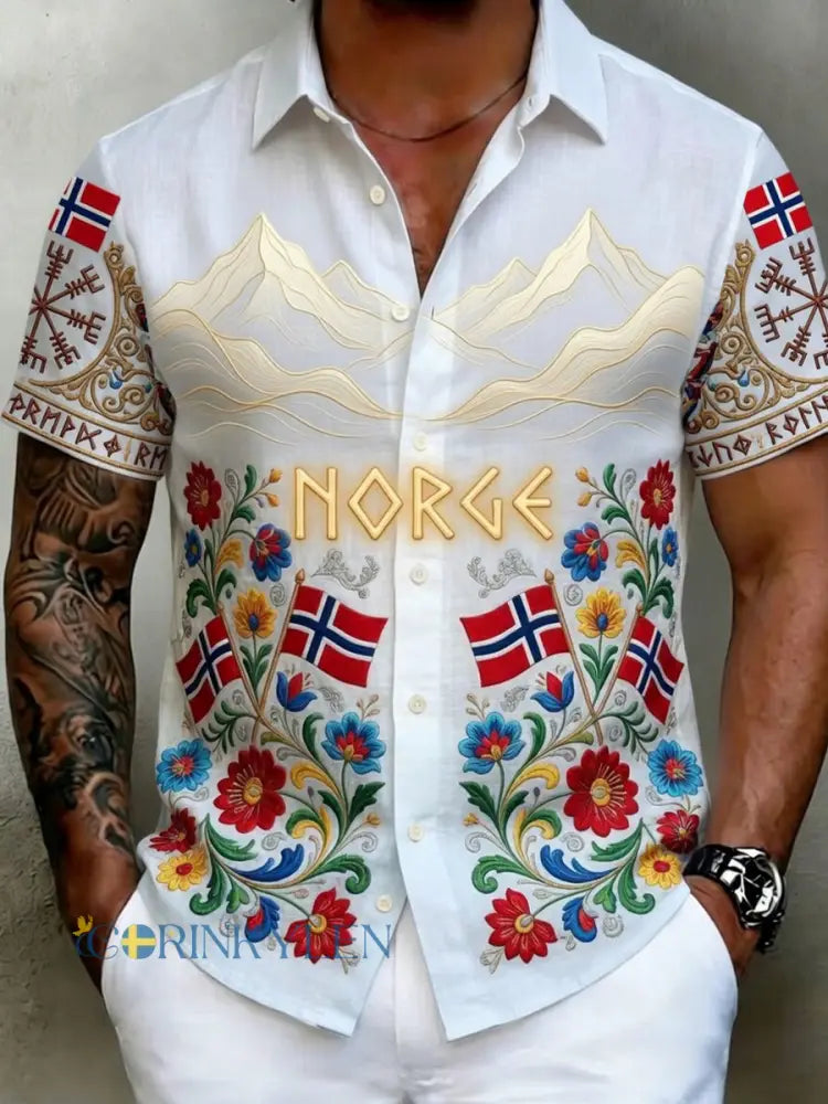 Herrskjorta i vintage-scandinavisk stil i bomull-linne med norsk konsttryck - A / S