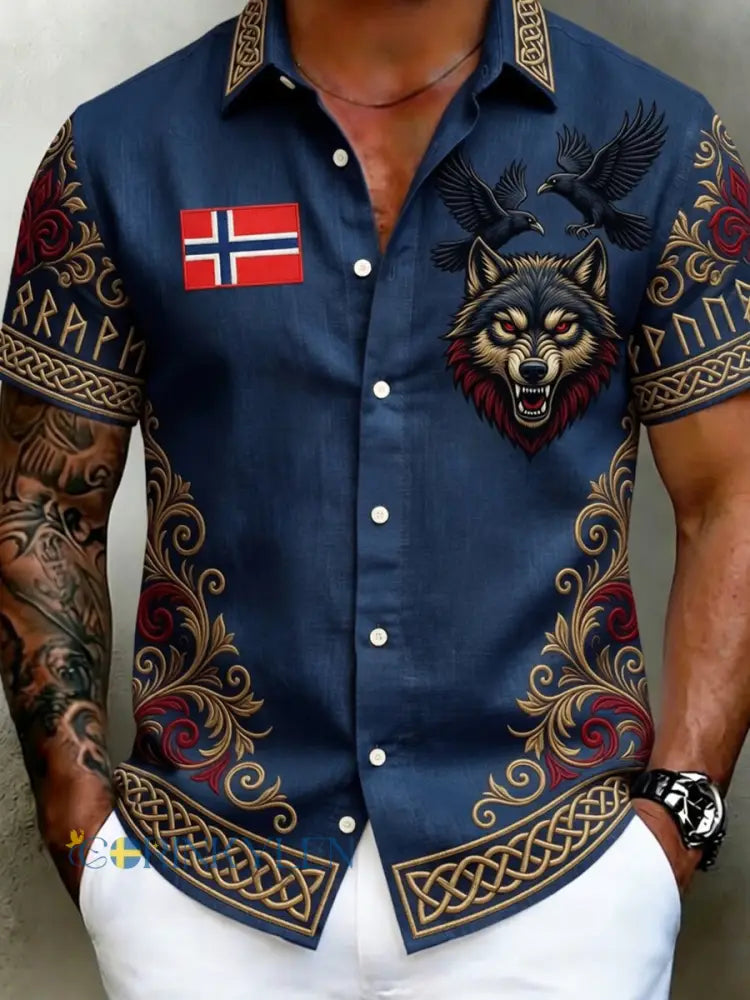 Herrskjorta i vintage-scandinavisk stil i bomull-linne med norsk konsttryck - A / S