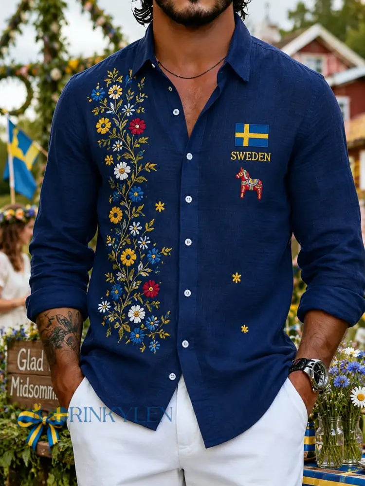 Herrskjorta med konsttryck som firar midsommardagen i Sverige långärmad - A / S