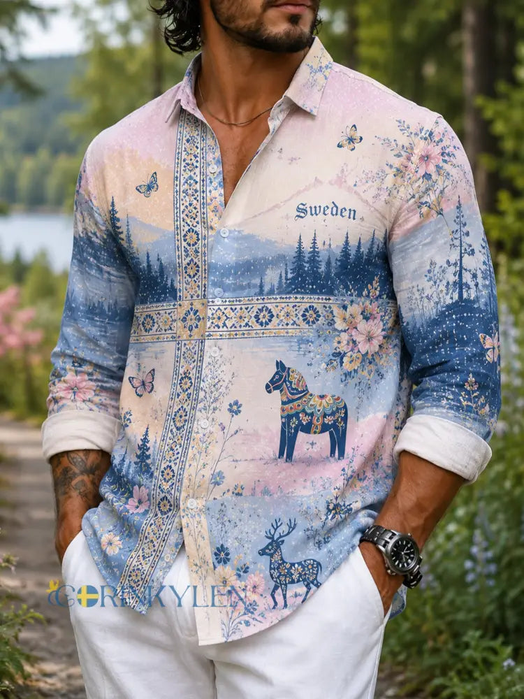 Herrskjorta med konsttryck som hyllar den svenska midsommarfesten långärmad - A / S