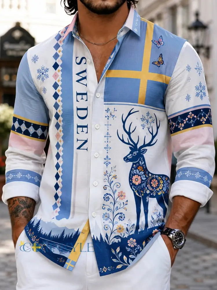 Herrskjorta med konsttryck som hyllar den svenska midsommarfesten långärmad - A / S