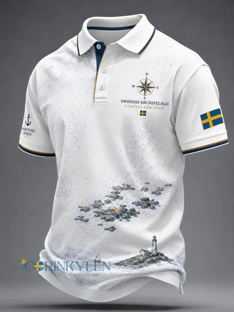 Herrskjorta med svensk skärgårdsdesign avslappnad stil - vitt / S