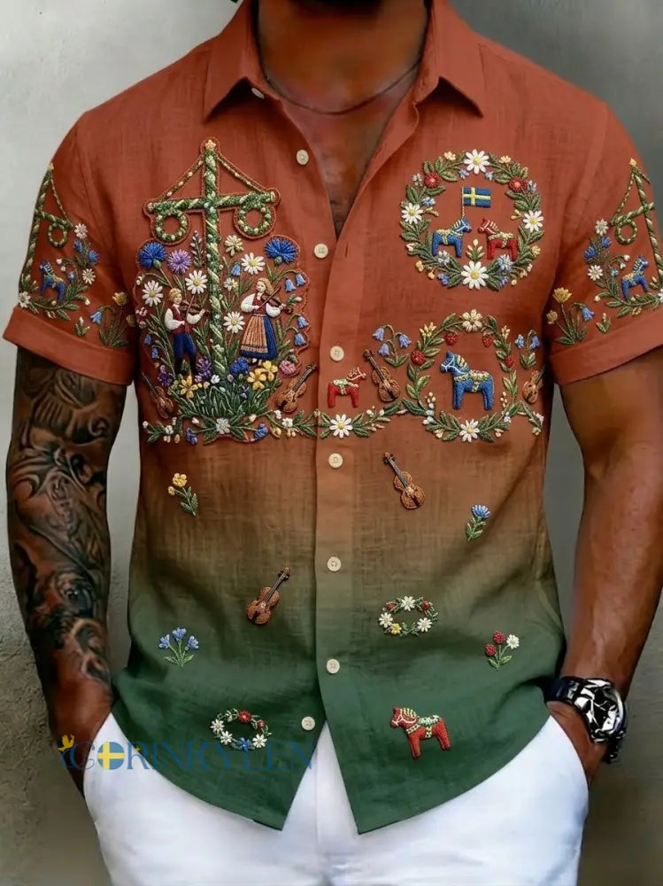 Herrskjortor i retrostil med svensk midsommar- och folkdräktsmotiv i bomull-linne kortärmade - brun / S