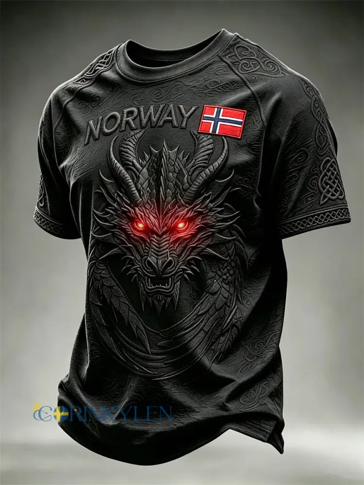 Herrtröja från Norge med tryck av vikingar drake och keltiskt knutmotiv korta ärmarna - svart / S