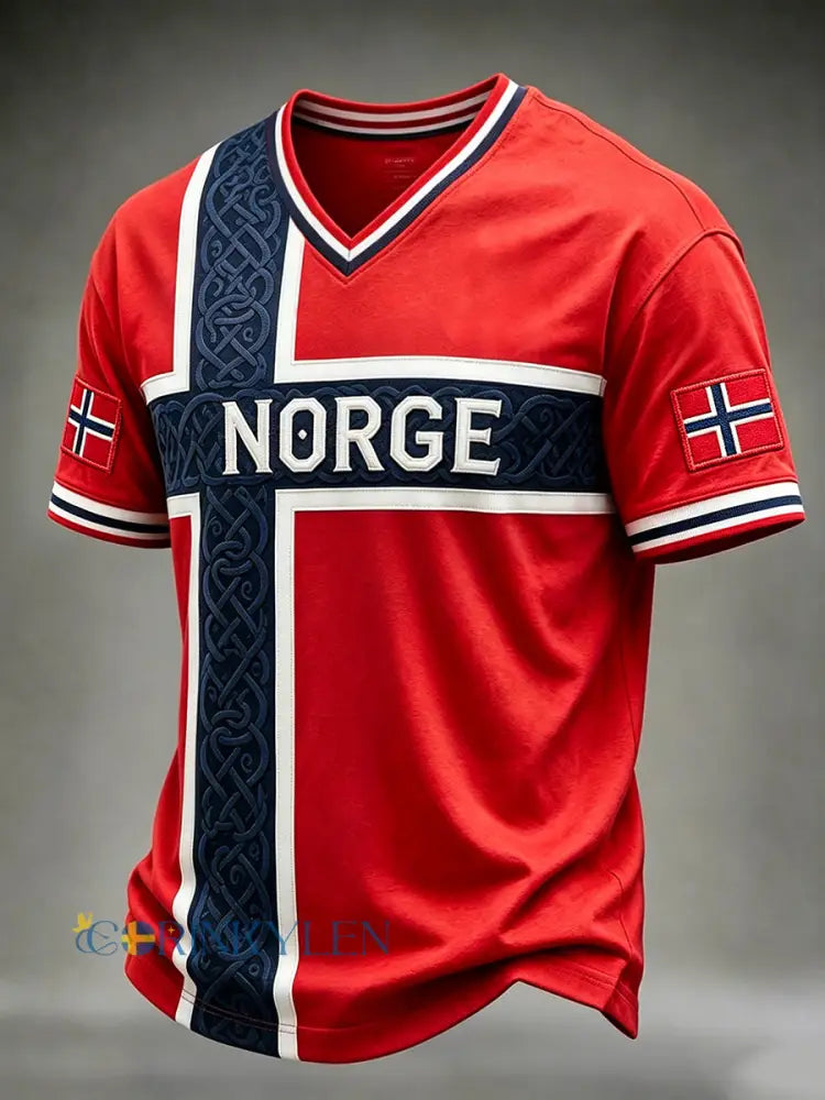 Herrtröja från Norge med viking- och keltiskt mönster V-ringning och korta ärmarna - röd / S