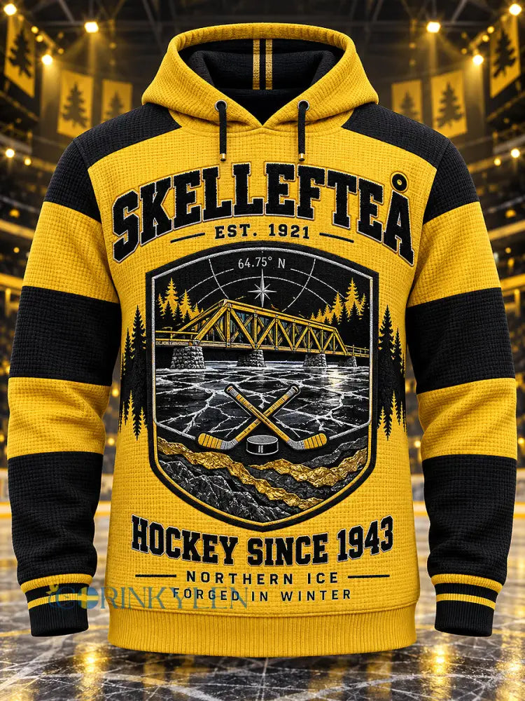 Herrtröja från Skellefteå AIK med tryckt våffelmönster långärmad rund hals och huva - svart- gul / S