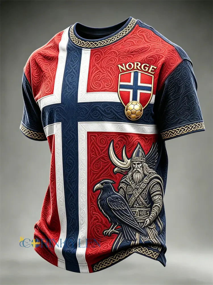 Herrtröja i fotbollsmönster från Norge – vikingkrigare och ravn keltiskt knutmönster flaggmönster i blockfärger