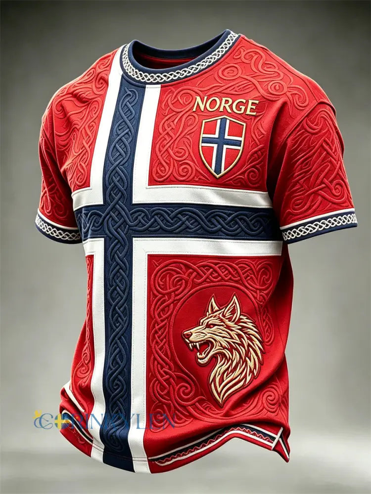 Herrtröja i fotbollsstil från Norge med tryck av vikingar varg keltiskt knutmotiv och flagga kortärmad t-shirt - röd / S