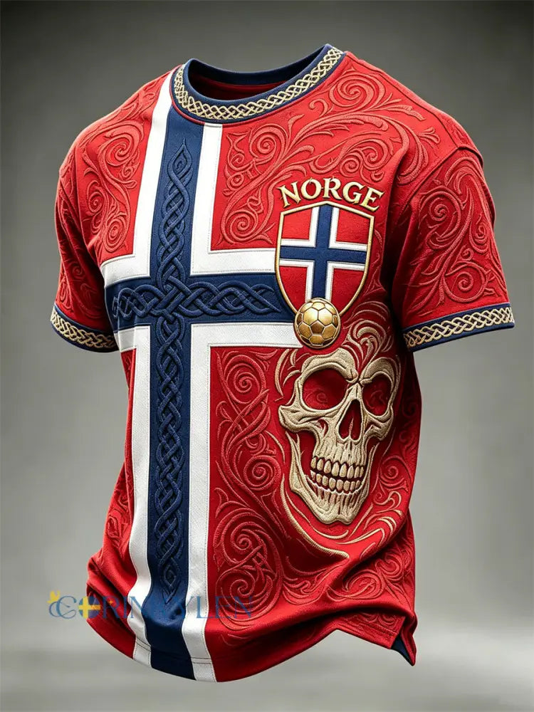 Herrtröja i fotbollsstil från Norge med tryck av vikingaskalle keltiskt knutmotiv och flagga kortärmad t-shirt - röd / S