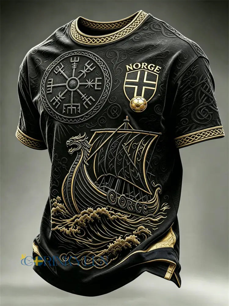 Herrtröja i fotbollsstil från Norge med vikingamotiv av vegvisir och skepp keltiskt knutmönster kortärmad t-shirt
