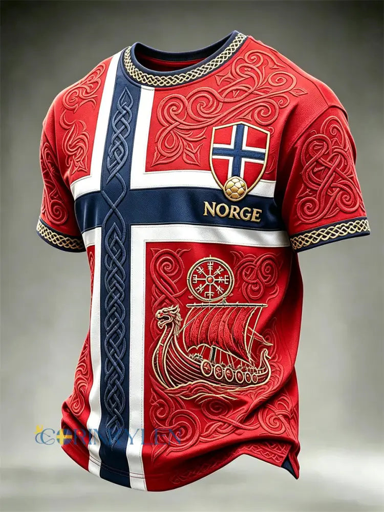 Herrtröja i fotbollsstil från Norge med vikingamotiv vegvisir och skepp keltiskt knutmönster samt flagga – kortärmad