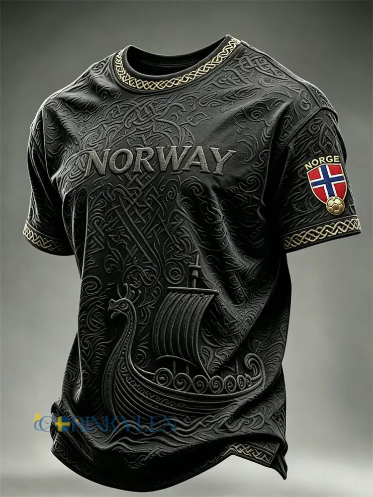 Herrtröja i fotbollsstil från Norge med Vikingaskib och keltiskt knutmotiv kortärmad t-shirt - svart / S