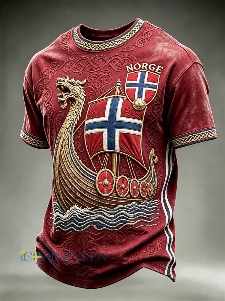 Herrtröja i fotbollsstil från Norge med Vikingaskib och keltiskt knutmotiv kortärmad t-shirt - vinröd / S