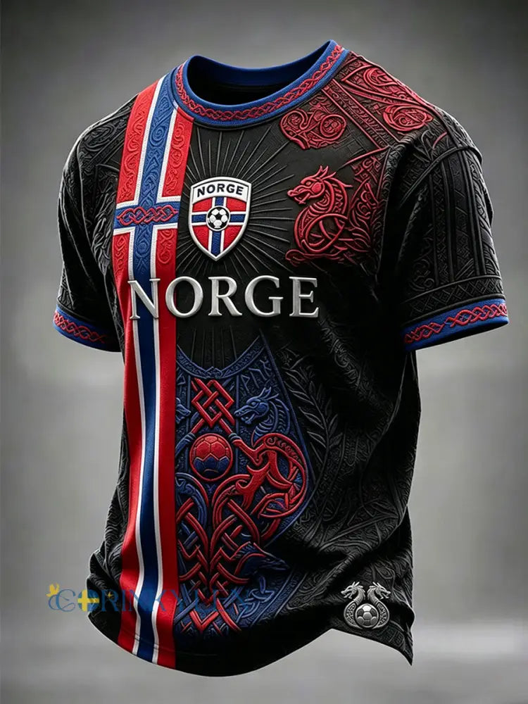 Herrtröja i norskt fotbollstema med vikingainspirerat mönster och korta ärmar - svart / S
