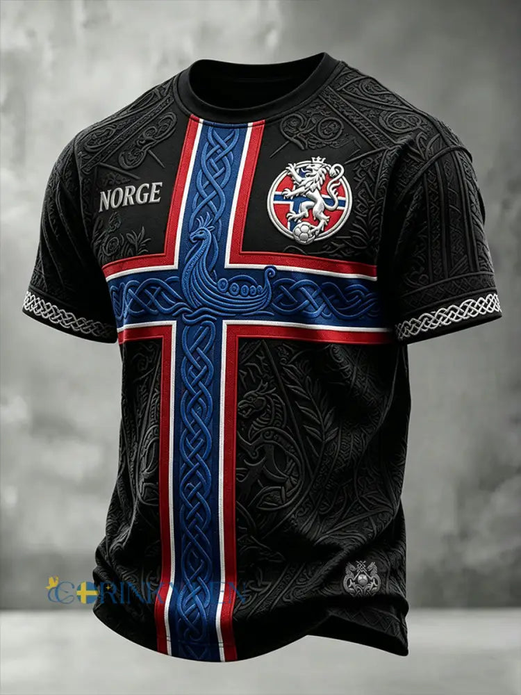 Herrtröja i norskt fotbollstema med vikingainspirerat mönster och korta ärmar - svart / S