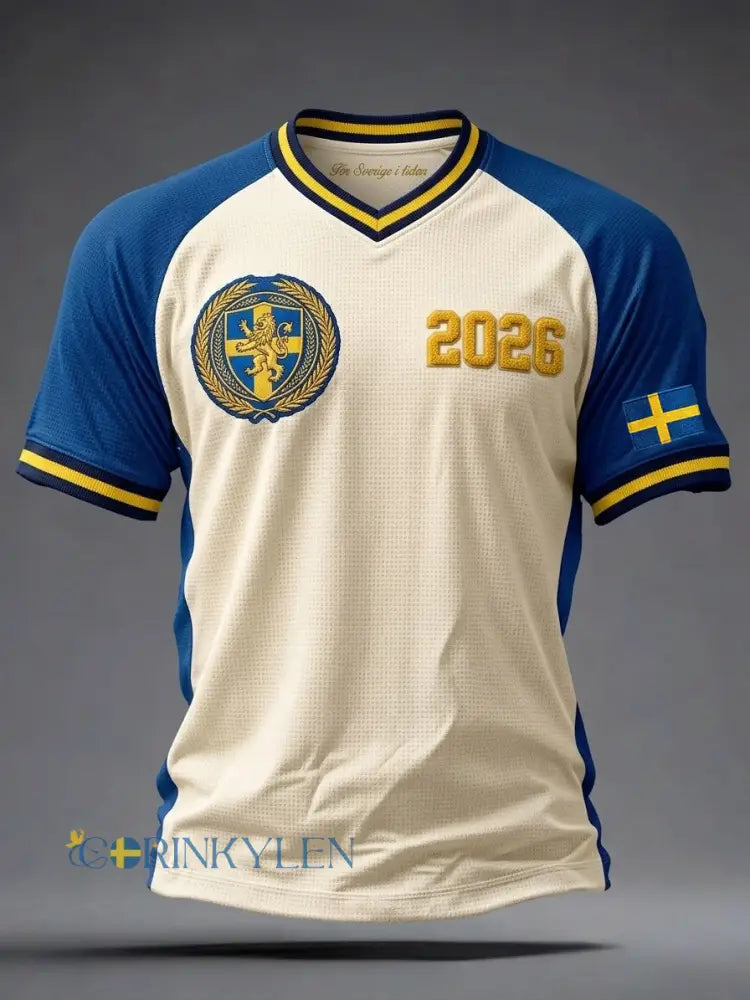 Herrtröja i retro-svensk fotbollsstil med V-ringning våffelmönstrad och korta ärmarna - Aprikot / S