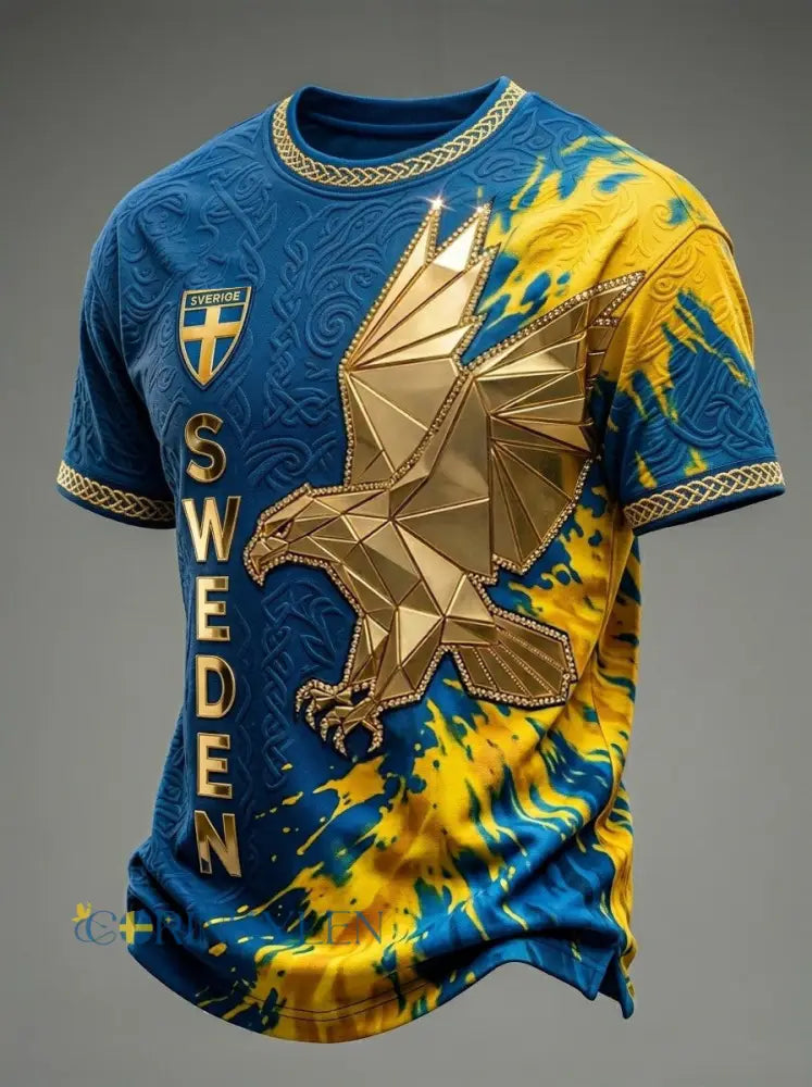 Herrtröja i retrostil med svensk fotbollsmotiv och korta ärmar - blå / S