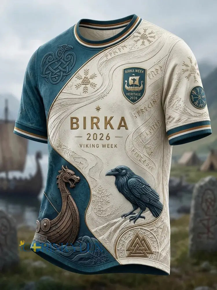 Herrtröja i retrostil med svensk vikingmotiv och korta ärmar - blå / S