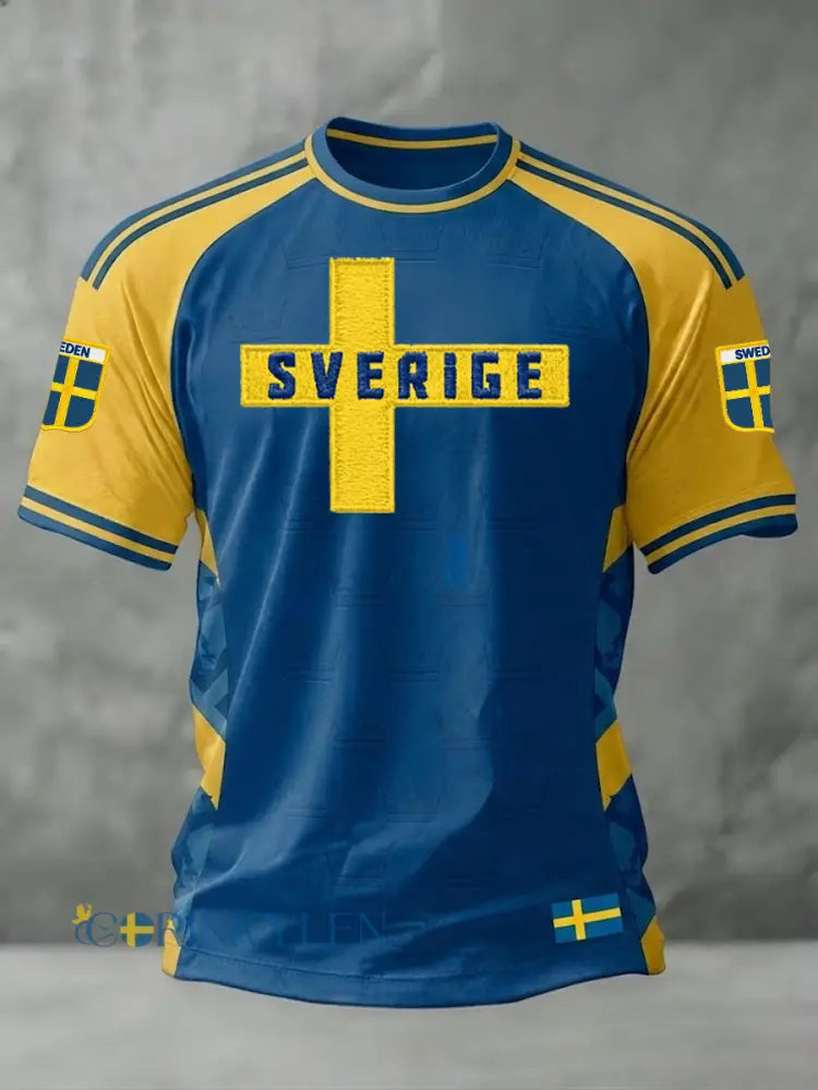 Herrtröja i svensk fotbollsstil med tryckt motiv ledig modell och korta ärmarna - som bild / S
