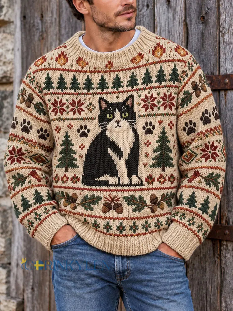 Herrtröja i vintagestil med kattmönster i Fair Isle-stickning - som bild / S