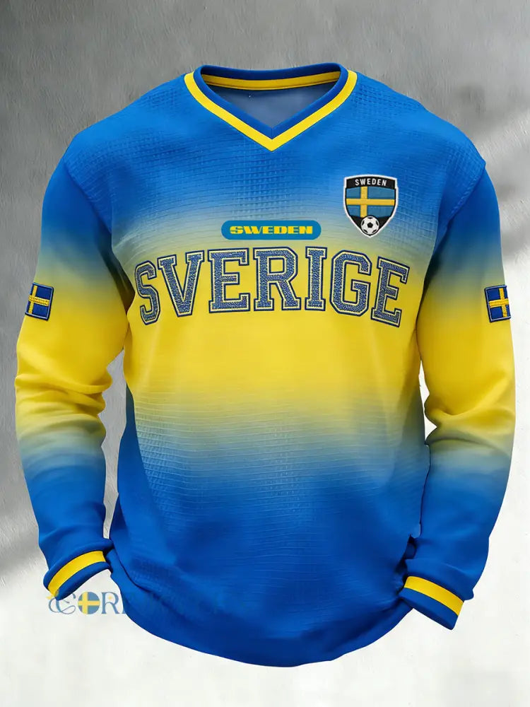 Herrtröja i waffelstickat tyg med fotbollsmotiv färgblockad design v-ringning och långa ärmar - A / S