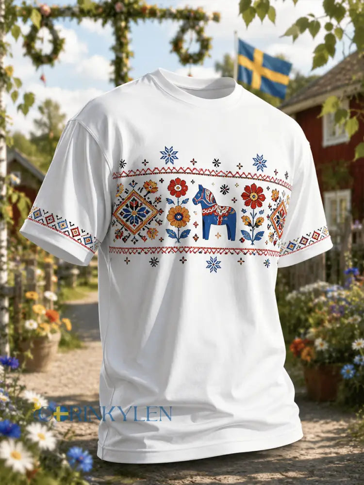 Herrtröja med konsttryck från den svenska midsommarfesten - A / S