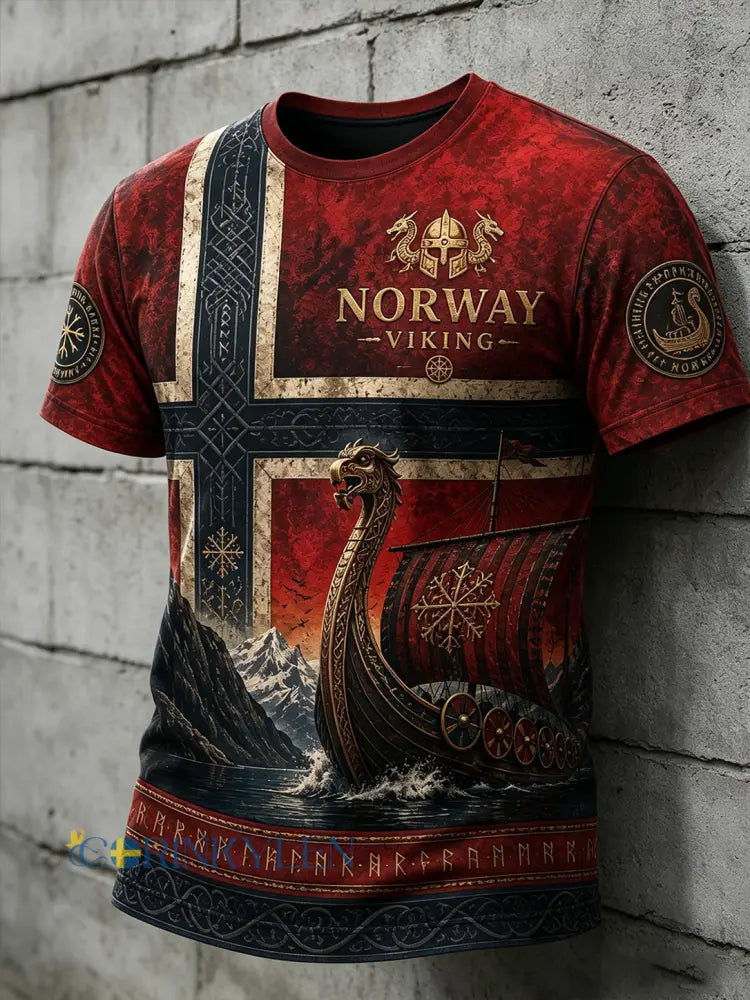 Herrtröja med korta ärmar och retrovikingamönster - A / S