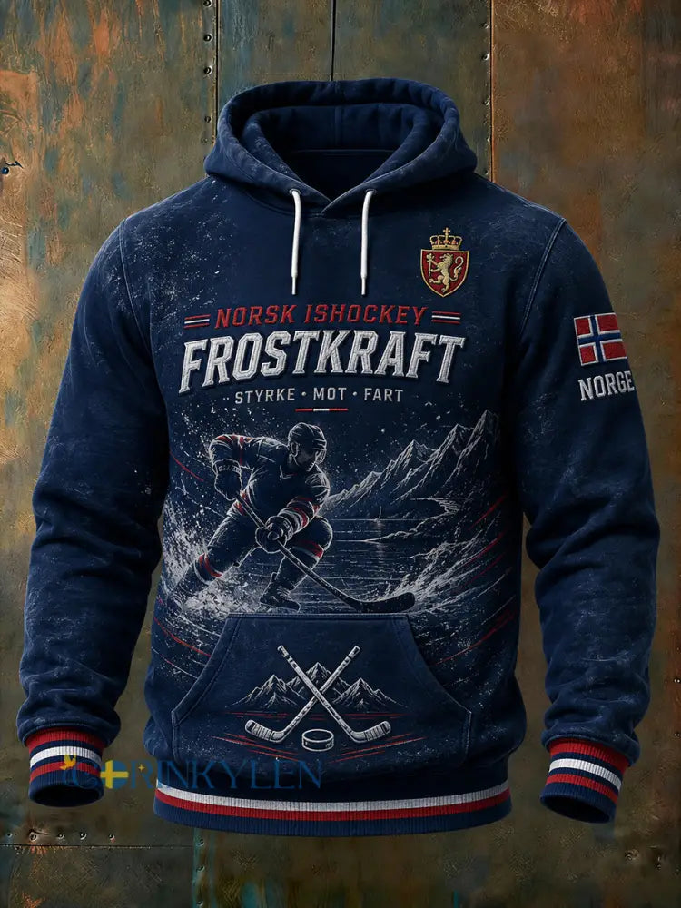 Herrtröja med lång ärm och huva prydd med en ishockeymotiv - A / S