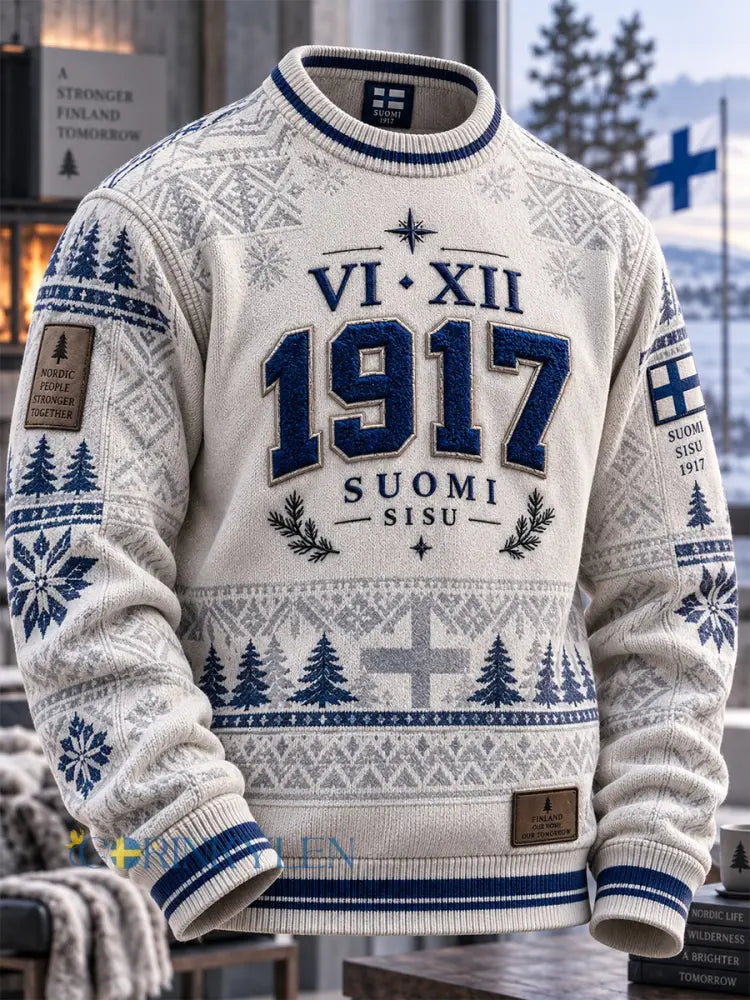 Herrtröja med lång ärm och rund halsringning i retrostil med finsk självständighetsdag - vitt / S