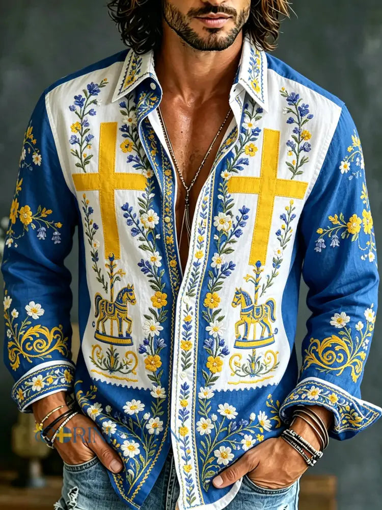 Herrtröja med långa ärmar och konstprint som hyllar den svenska midsommarfesten - A / S