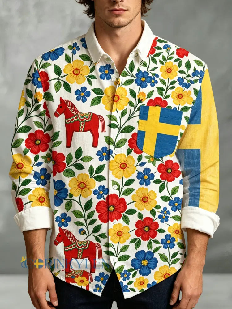 Herrtröja med långa ärmar och konstprint till minne av den svenska midsommarfesten - A / S