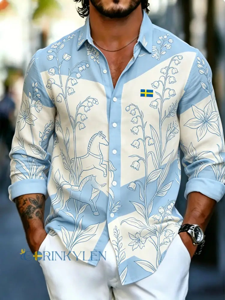 Herrtröja med långa ärmar och konstprint till minne av Sveriges nationaldag och midsommarfesten - A / S