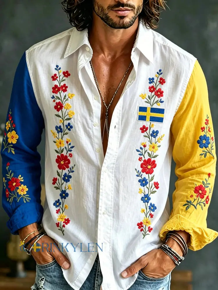 Herrtröja med långa ärmar och konstprint till minne av Sveriges nationaldag och midsommarfesten - A / S