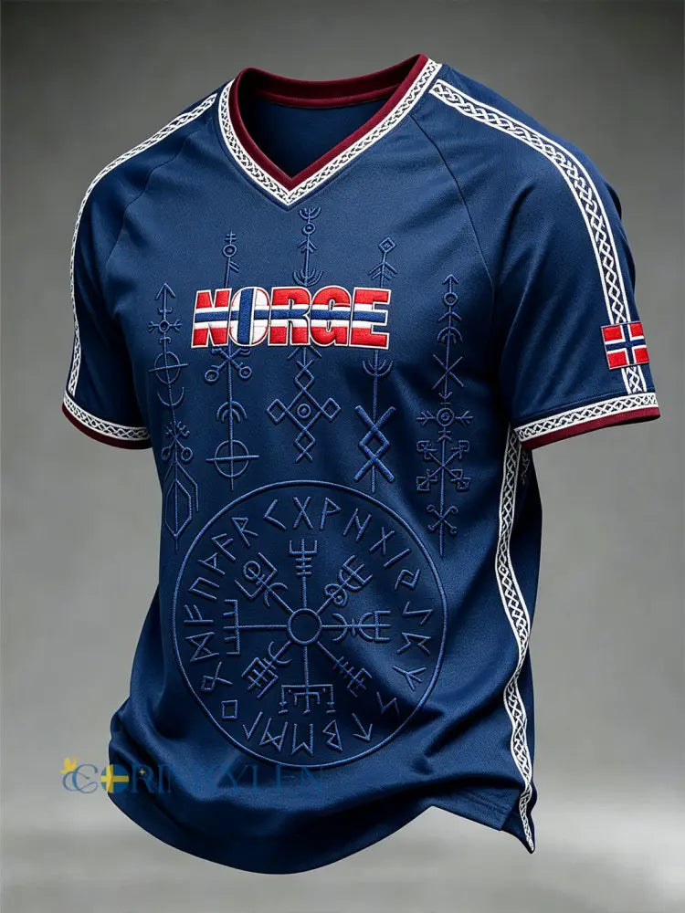 Herrtröja med retroinspirerat norsk vikingmönster och V-ringning - djupblåa / S