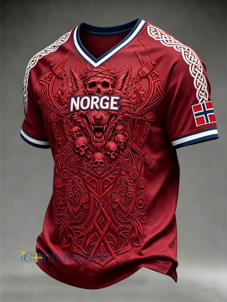 Herrtröja med retroinspirerat norsk vikingmönster och V-ringning - röd / S