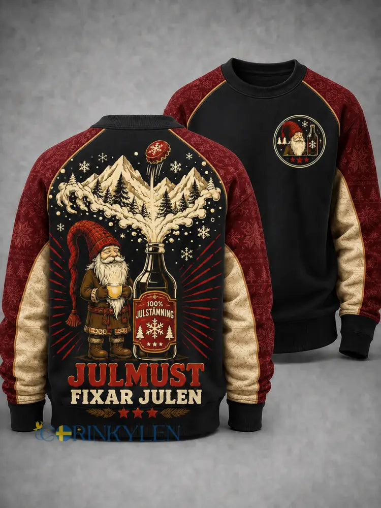 Herrtröja med svensk julkonsttryck långärmad och rund hals - vinröd / S