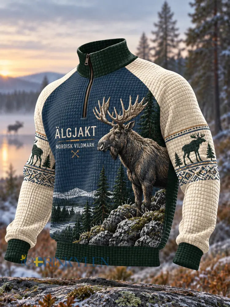 Herrtröja med svenskt älgjaktmönster avslappnad waffelmönstrad pullover med dragkedja - blå sjöfart / S