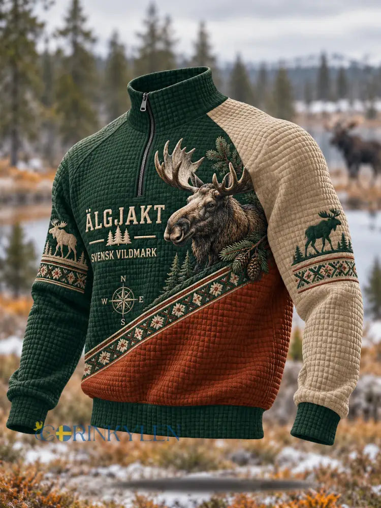 Herrtröja med svenskt älgjaktmönster avslappnad waffelmönstrad pullover med dragkedja - mörk gröna / S