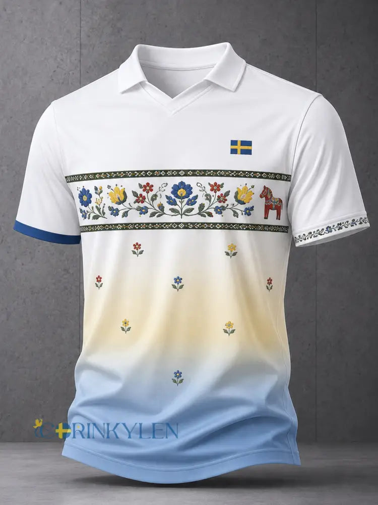 Herrtröja med V-ringning och konsttryck till minne av midsommardagen i Sverige - A / S