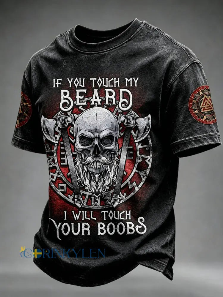 Herrviking T-shirt med korta ärmar och dödskallsmönster – “Om du rör min skägg” - svart / S