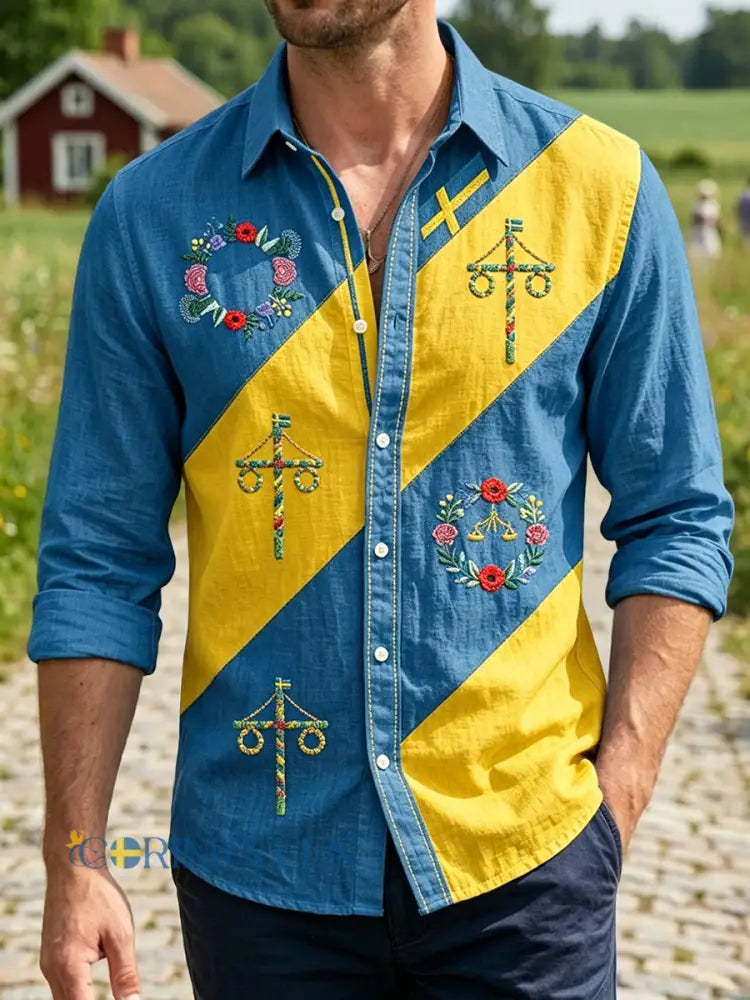 Herrvintage svensk midsommarblomkrans patchwork avslappnad skjorta - flerlog / S
