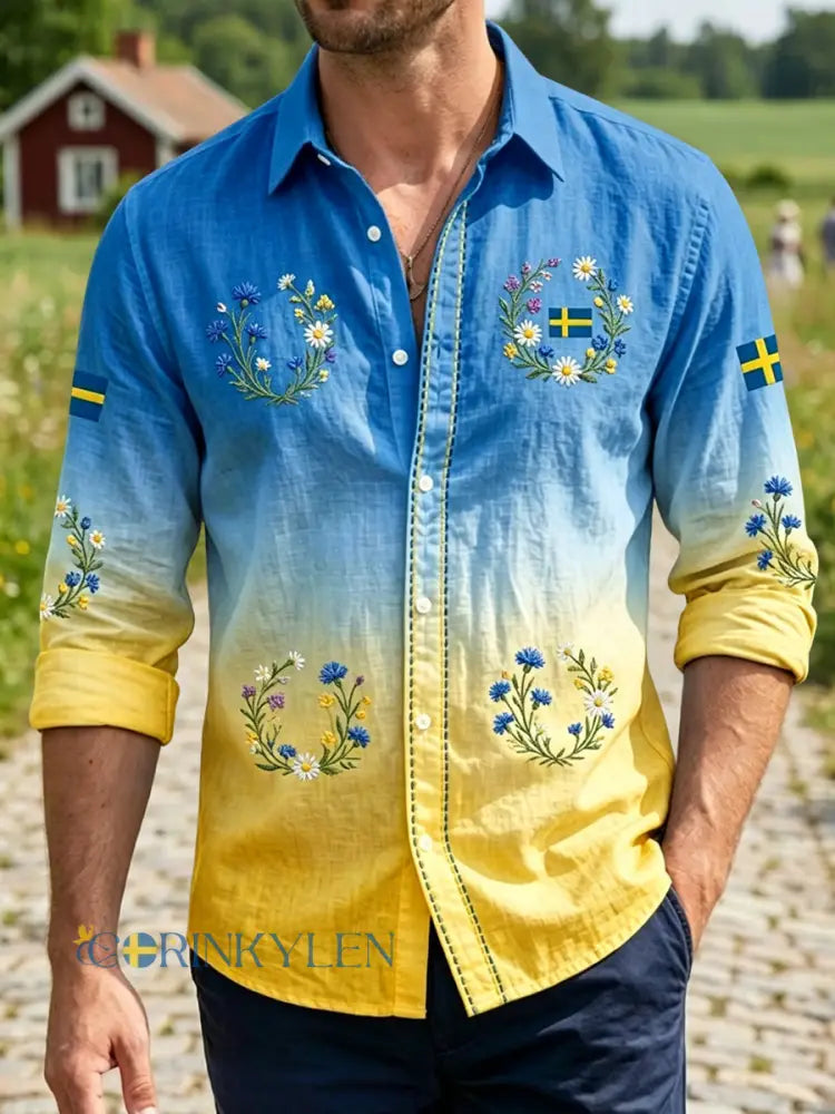 Herrvintage svensk midsommarkransgraderad avslappnad skjorta - flerlog / S