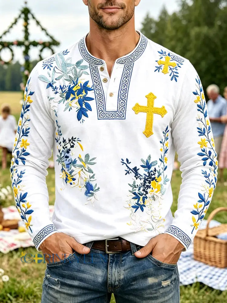 Herrvit svensk midsommarblommig tryckt avslappnad Henley-halslångärmad t-shirt - vitt / S
